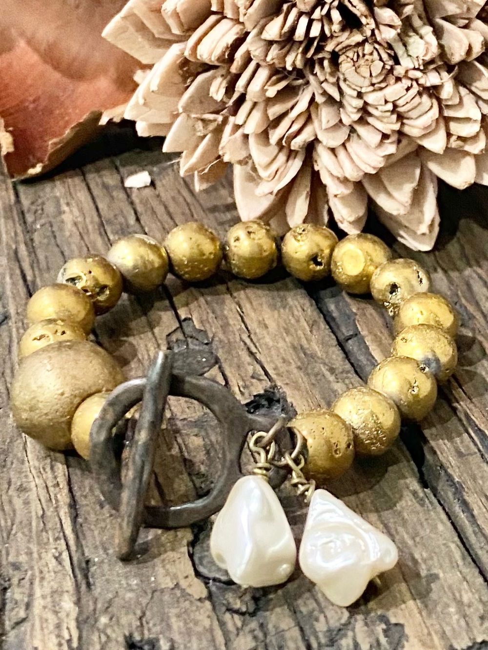 Chunky Gold Toggle Bracelet, Baroque Pearl Charms